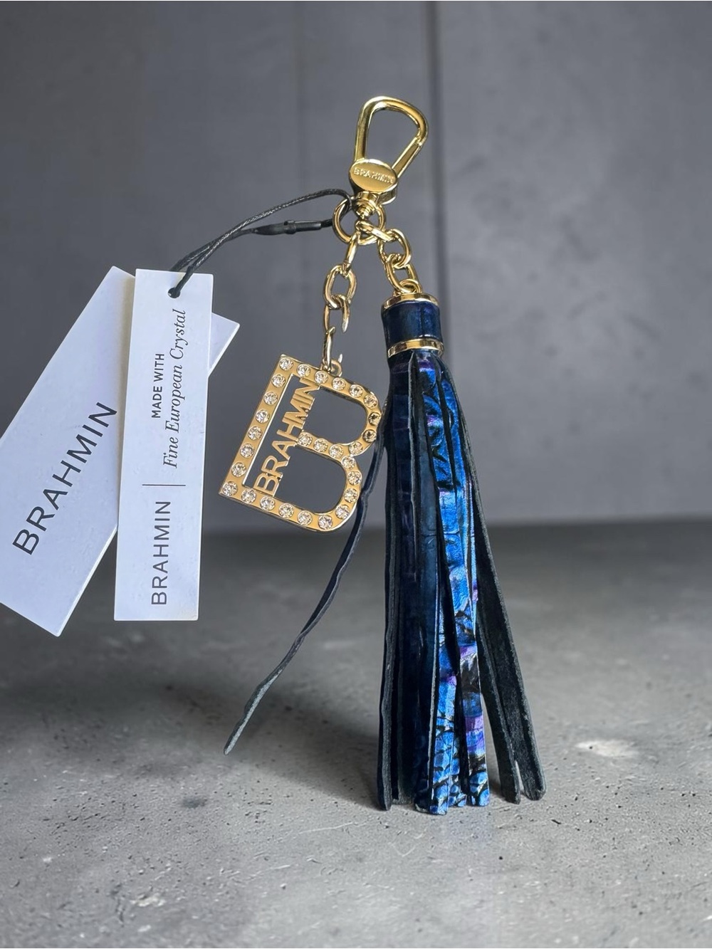 Brahmin Blue Iridescent Tassel Keychain with Crystal 'B' Charm